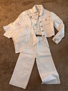 Love White Denim Jacket, Wide-Leg Jeans & Ruffle Tee Set